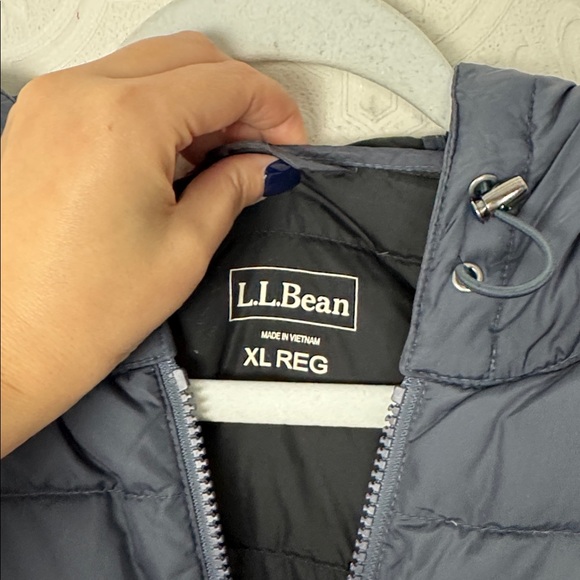 LL Bean Down Puffer Coat Jacket Waist Cinched XL Grey Blue Winter Warm Hooded - Picture 6 of 8